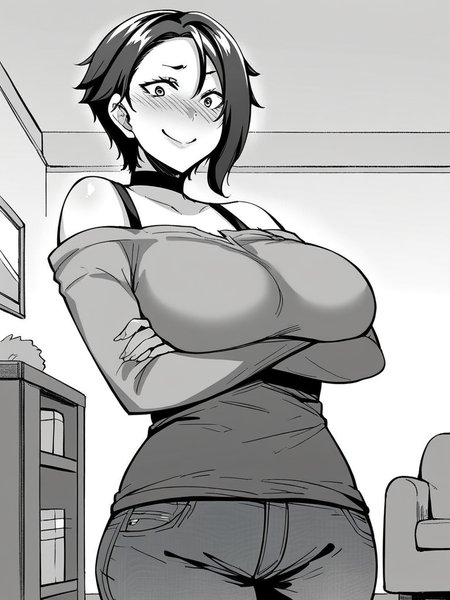 score_9, score_8_up, score_7_up,  
1girl,  monochrome, ryoka tt, mature female, black hair, short hair, asymmetrical hair, large breasts,  

standing, indoors, living room, smile, nose blush, wide-eyed, nervous, looking at viewer, crossed arms, black t-shirt, long sleeves, off-shoulder shirt, jeans, choker,