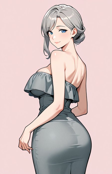 perfect quality, best quality, masterpiece, 1girl, solo, simple background, pink background,
standing, cowboy shot, from behind,
smile, Side Swept, Medium gray hair, blue eyes, mature female, large breasts,
<lora:shortdress08-illustrious:1> strapless dress, Slate dress,