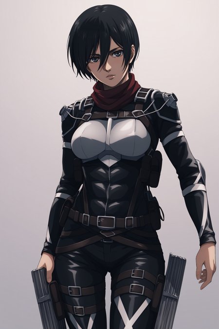 score_9, score_8_up, score_7_up, BREAK source_anime, <lora:adult mikasa ackerman-PonyXL-lora-faxtron:0.8> adult mikasa ackerman, black eyes, black hair, short hair, medium breasts, paradis military uniform, chest armor, belt, thigh strap,