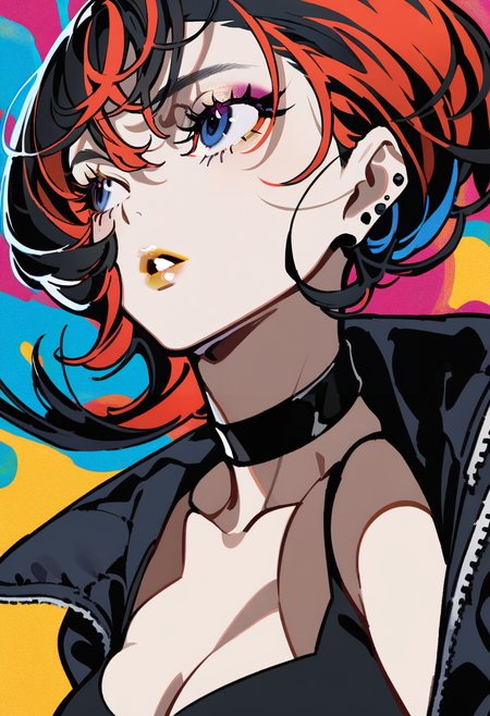 masterpiece, best quality, <lora:yoneyamaiXL_ANI31_lokr_V4302:0.95>  1girl, solo, choker, blue eyes, jacket, black choker, parted lips, jewelry, black jacket, makeup, earrings, multicolored hair, black hair, red hair, mole, piercing, mole under eye, multicolored background, ear piercing, long sleeves, upper body, floating hair, hair between eyes, looking to the side, portrait, lipstick, eyelashes, eyeshadow