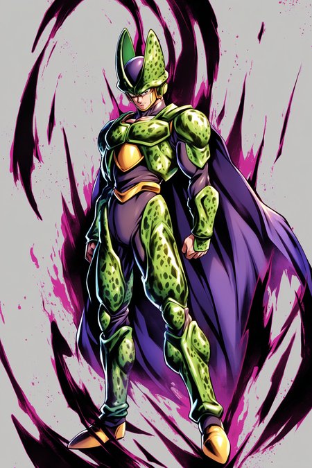 Cell,1boy,male focus,solo,full body,white background,aura,looking at viewer,cape,<lora:Dragon Ball_XL:0.8>,