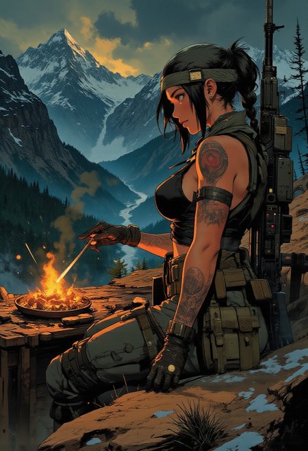 In the style of ff-td, nistyle, Silhouette Art, magnificent, crisp lines, closeup portrait of stunning mercenary, mountain top, overlooking a huge valley, beautiful girl, breasts, curvy, snipers nest, small campfire, cooking food, sniper rifle set up, dark braided hair, backwards hat, armor, sleeveless, arm sleeve tattoos, muscle tone, dogtags, sweaty, foreshortening, depth of field, at night, night, alpine, lightly snowing, dusting of snow, 
Closeup, detailed face, freckles,