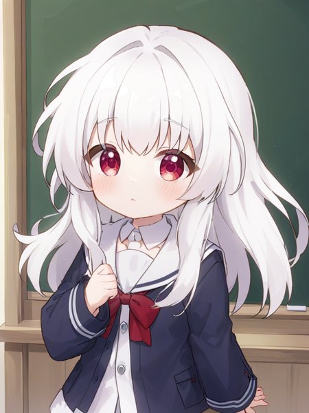 kelala girl,white hair,Red eyes,<lora:xl_kelala girl-000011:0.9>,kids kindergarten uniform