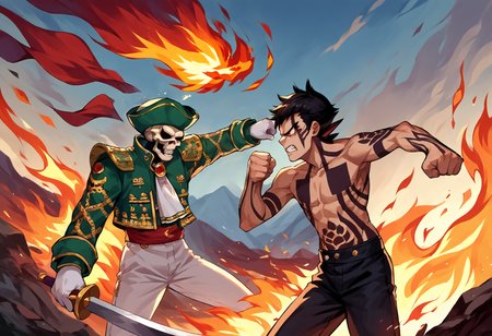 score_9, score_8_up, score_7_up, source_anime, fire, red sky, fighting stance, fighting, looking at another, BREAK, <lora:zs_MatadorXL:1>, matadorsmt, hat, skull, green jacket, white ascot, white pants, white gloves, green boots, BREAK <lora:smtiii_demi-fiend_ponyXL:1>, demi-fiend, full-body tattoo, topless male, black shorts