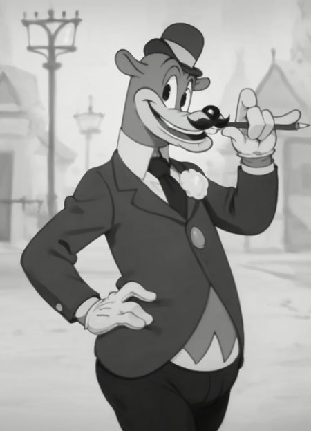 <lora:Honestjohngusherpony1.0:0.6> honest john gusher, smile, solo, 1boy, male focus, hat, suit, gloves, furry male, mustache, necktie, standing, score_9, score_8_up, score_7_up, score_6_up, score_5_up, score_4_up, looking at viewer, hand on own hip, cowboy shot,monochrome,
