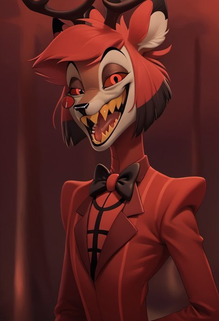 score_9, score_8_up, score_7_up, score_6_up, masterpiece, solo, ((detailed eyes, detailed face, detailed fur, 
BREAK
Great Prince of the Forest, GPotF, deer, buck, disney, antlers, red fur, beige markings, brown eyes, brown eyelids, brown eyeshadow, eyeliner, black eyebrows, anthropomorphic deer, furry, anthro deer, animal focus, alastor_hh, alastor \(hazbin hotel\), solo, red theme, 1boy, red eyes, bow, smile, looking at viewer, evil smile, grin, short hair, bowtie, horror, monocle (theme), sharp teeth, yellow teeth, laughing, open mouth
<lora:add-detail-xl:1.0>