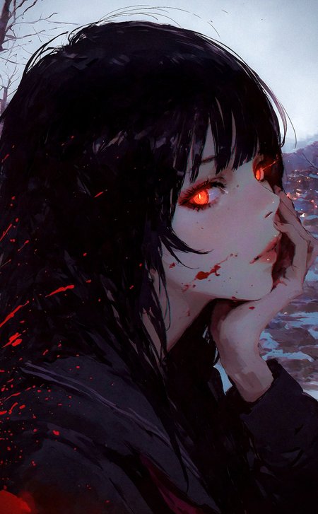 (by rintaro komori:1.3), (by ilya kuvshinov:0.5), (by aoi ogata:0.5), dark maniac theme, blood splatter on face, 
1girl, portrait, scenery, outdoors, profile, nose, lips, sideways glance, glowing eyes, hand on own cheek, smeared blood, 
very awa, best quality, highres, masterpiece, very aesthetic,
<lora:nhl-004:0.6>  nhl-004,