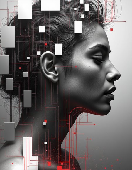 profile of a woman seamlessly merging with an abstract digital landscape, characterized by pixelated and fragmented forms. The image is rendered in a hyperrealistic style, with a monochromatic palette of blacks, whites, and grays, accented by subtle hints of red. Intricate lines suggest strands of hair flowing over her face, blending into the surrounding geometric patterns. The background transitions from smooth gradients to sharp, block-like structures, creating a dynamic tension between softness and rigidity. The overall composition conveys themes of identity and technology, evoking a sense of introspection amidst a modern digital world.