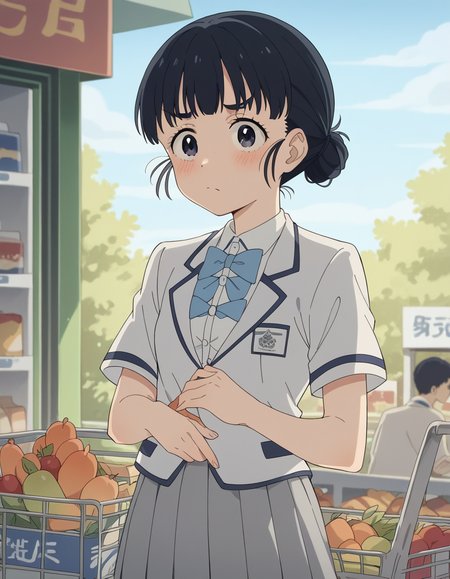 score_9, score_8_up, score_7_up, source_anime, <lora:tiara-basori-s1-ponyxl-lora-nochekaiser:1>, tiara basori, bangs, black hair, hair bun, black eyes, single hair bun,, skirt, shirt, bow, school uniform, white shirt, short sleeves, grey skirt, pleated skirt, bowtie, blue bowtie, blue bow, blazer,, grocery store, shopping cart, picking fruits, everyday life, , , , hand on stomach, blush,, solo,, cowboy shot, dutch angle