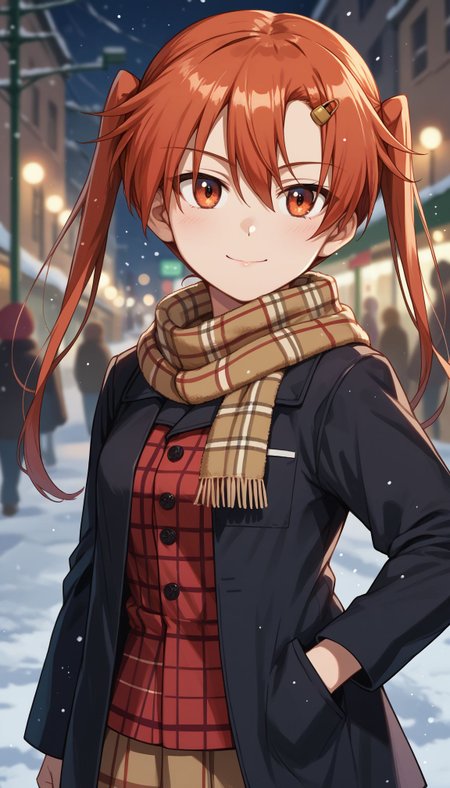 score_9, score_8_up, score_7_up, source_anime, 1girl, solo, 
 <lora:Emi_Nakasuga (Girls und panzer):1>  emi_nakasuga (girls und panzer), twintails, long hair, hair ornament, hairclip, red hair,, blurry background, bokeh, depth of field, hair between eyes, jacket, long sleeves, looking at viewer, plaid, plaid dress, plaid jacket, plaid scarf, plaid shirt, scarf, smile, solo, unmoving pattern, street, winter, snow, one hand on pocket, v over eyes,