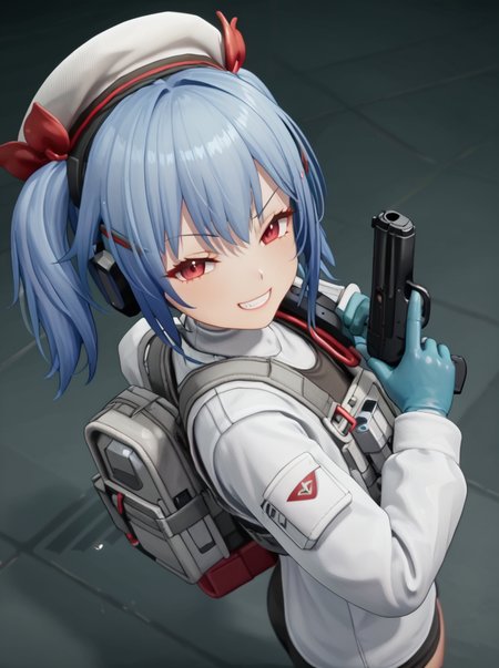 detailed background, posing, rating safe,
<lora:colphne.pony:1>,
colphne, 
looking at viewer, high angle, half-closed eyes, evil grin, gun,