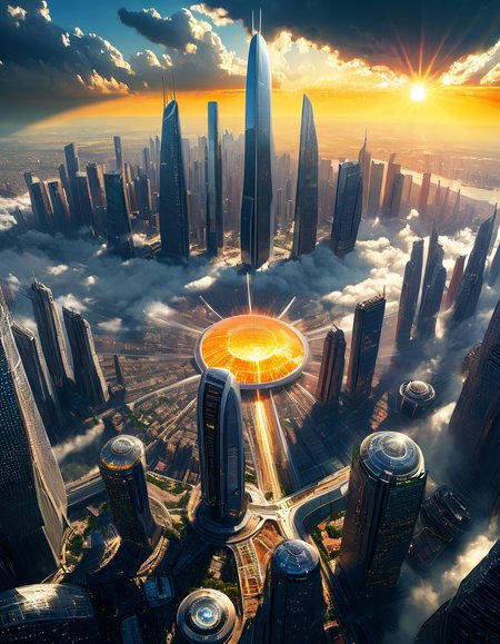 The megalopolis is very large with towering skyscrapers spanning the entire horizon. In the sky is a technological ring spanning the entire horizon, with the sun shining bright. The megalopolis is futuristic and booming.
