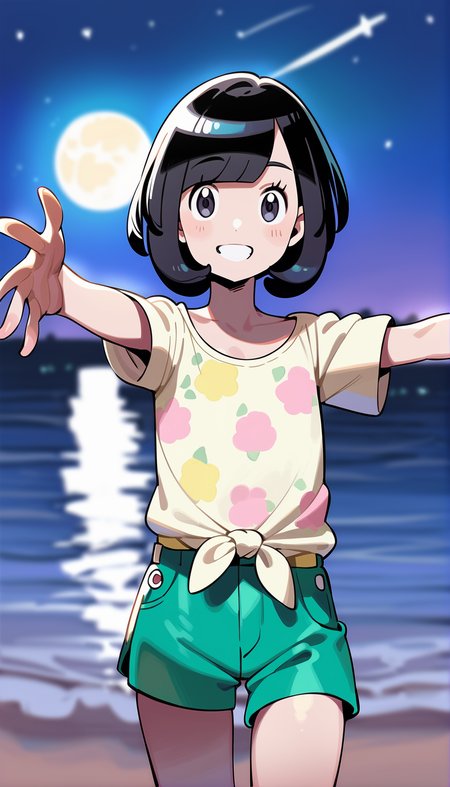 score_9,score_8_up,score_7_up,
highres,highly detailed,
photorealistic,(realistic:1.2),<lora:selene:0.8>,pm_selene,
1girl,solo,black hair,short hair,bangs,
grey eyes,looking at viewer,smile,
yellow short sleeves shirt,collarbone,tied shirt,green shorts,
cowboy shot,reaching out,
blurry background,vignetting,outdoors,beach,night,(starry sky:1.1),full moon,shooting star,light particles,glowing effect,