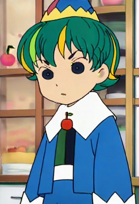 hat, green hair, multicolored hair, long sleeves, short hair, cherry, fruit, 1girl, blonde hair, black eyes,,,,,,,,,,, ,,,,,anime coloring,anime screencap, 1girl,Solo ,, anime,,,,official art, Uncensored ,Unedited ,,,,, ,,,,,,