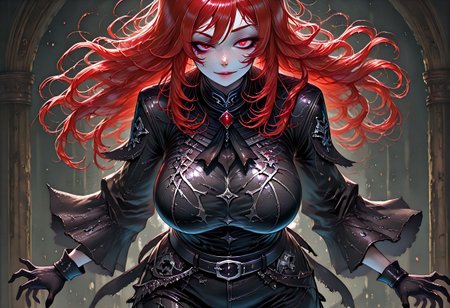 very aesthetic, masterpiece, best quality, highres, absurdres, amazing quality, high resolution, 1girl, solo, medieval background, detailed eyes, perfect eyes, expressive eyes, Expressiveh, vivid colors, realistic lighting, perfect anatomy
Red Eyes, long hair, red hair, pale skin, voluptuous, cellulite, chubby, large breasts, ((uneven eyes)), freckles, lots of freckles, crazy eyes
black gloves, sharp fingers, black shirt, button up shirt, button down shirt, black ascot, black frills, buttons, wide sleeve cuffs, black belt, black cuffs, gambeson, black leggings