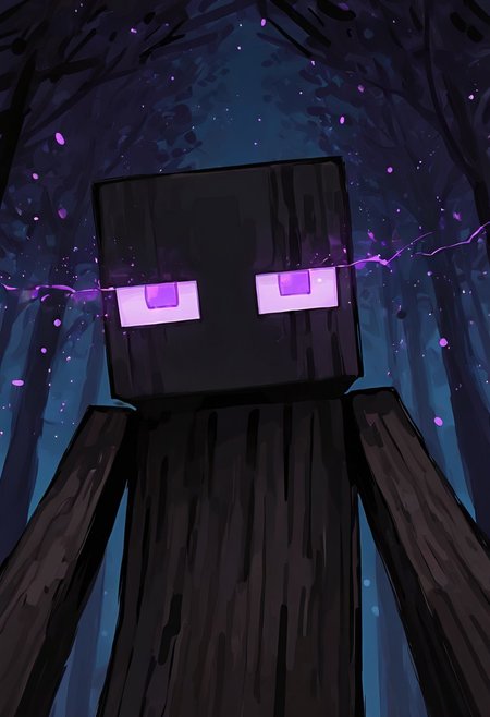 masterpiece, best quality, amazing quality, very aesthetic, absurdres, newest, , detailed background, 
klskx
enderman, no humans, purple eyes, rectangle eyes, , solo, male focus, black skin, no mouth, square head, square body, black head , pokemon (creature), 
night forest, dark wood, glowing eyes, close up, looking at viewer, big head, purple square particles,