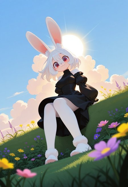 masterpiece, best quality, amazing quality, very aesthetic, high resolution, ultra-detailed, absurdres, newest, scenery, 1girl, furry, anthro, solo, rabbit girl, clothed, body fur, white rabbit, white fur, fluffy, medium breasts, long white hair, floating hair, looking at viewer, head tilt, red eyes, big eyes, luxurious turtleneck gothic puffy detached sleeve black dress, off-shoulder, long rabbit ears, 
smile, :3, sitting, outdoors, sky, day, sun, cloud, blue sky, grass, flower, pink flower, yellow flower, purple flower, Blurred foreground,
from below, Dutch angle, Wide Shot, Full body, (haiz_ai, no lineart, no outline), bright colors, simple background, shadow, backlighting,