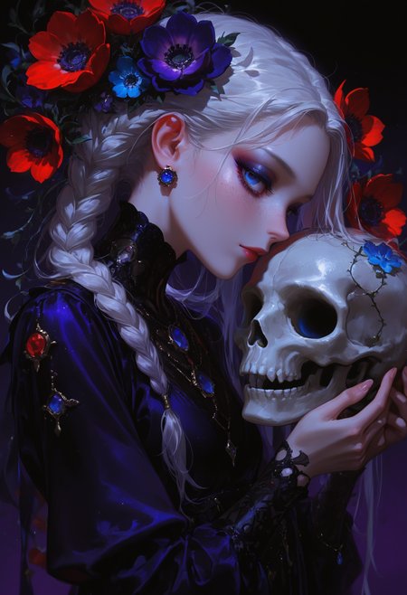 masterpiece, best quality, good quality, very awa, very aesthetic, absurdres, newest, 1girl, solo, long_hair, looking_at_viewer, blue_eyes, simple_background, hair_ornament, dress, holding, closed_mouth, jewelry, upper_body, white_hair, braid, flower, hair_flower, necklace, black_dress, fingernails, eyelashes, lips, single_braid, profile, makeup, black_background, red_flower, gem, lipstick, eyeshadow, blue_flower, freckles, skull, purple_flower, pink_lips, eyeliner, red_lips, red_eyeshadow, blue_gemstone, skeleton, orange_flower, mascara, blue_eyeshadow, purple_eyeshadow, holding_skull, runny_makeup, anemone_\(flower\), opill,realistic
