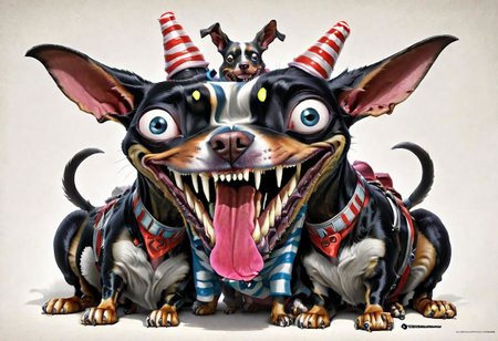 photorealistic high details, macro shoot of siamese twins fleshmutant skinny fuzzy baby mooron mad random color smiling lady dobermann full tail and full ginormous ears, shortest legs, high with meth, striped black and white, dog abomination with huge eyes , wearing an italian fancy hat,art by pixar , biotech inserts, fighting a big rabbit hidden in a hole in the big yellow wall, all inside an italian gim <lora:Fleshmutant_R2-000003:1>
