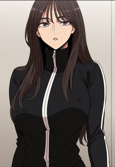 safe_pos, safe_pos, safe_pos, score_9, score_8_up, score_7_up, source_anime, flat color, 2d, source_anime, solo, 1girl, (only one character),rating_explicit,mature female,looking at viewer, large breast, brown hair,parted lips,long hair,large breast,brown eyes,ultra detailed eyes, safe_pos, mature female,BREAK black sports jacket, zip-up track jacket, white stripes on sleeves, high collar, snug fit, modern casual clothing, smooth fabric texture, subtle folds and creases, gray inner lining extending from the collar down to the chest, layered design, slightly reflective material  ,track pants,  black pants, pants
<lora:BG:0.3>, <lora:Shiny_Anime_Flat_Skin_tone:0.25>, flatshinyskin, <lora:Anime_Screencap:0.5>