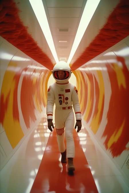 <lora:Director Stanley Kubrick style:1>Director Stanley Kubrick style - 2001 a space oddisey spaceship white corridor, white lights,  running to the camera in the middle of the corridor with a red astronaut suit, with some red and yellow moss growing on the walls, photorrealistic, 8k, photographed on 35mm film Kodak Gold ISO 200