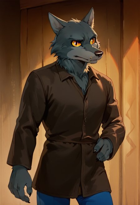 score_9, score_8_up, score_7_up, w0lf, 1boy, solo, male focus, furry, wolf, yellow sclera, grey fur, closed mouth, brown shirt, blue pants, cowboy shot,