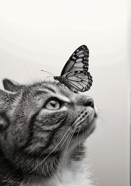 A cinematic photo. A black and white photograph featuring a close-up of a cat's face with a monarch butterfly perched on its head. the cat appears to be a tabby with gray fur and white whiskers, looking up at the butterfly with a curious expression. on the top of the cat's head, a small black butterfly with translucent wings rests delicately on its nose. the background is a simple gradient of light grey to white, providing a subtle contrast to the otherwise monochromatic image. the image is a monochrome, minimalist style with a focus on the cat and the butterfly, creating a sense of intimacy and connection between the animals. the focus is selectively placed on the butterfly and the cat, highlighting the intricate details of the butterfly's wings and the texture of its fur.