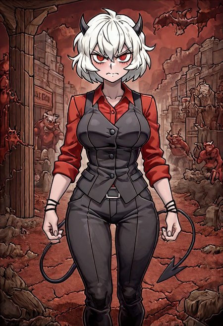 masterpiece, best quality, newest, absurdres, highres, H3GM/P-V1.1, 
1girl, malina \(helltaker\), demon girl, short hair, white hair, horns, demon tail,