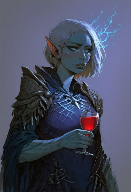score_9, score_8_up, score_7_up, BREAK,
1boy, portrait, beautiful, drow wizard, dark elf, white hair, (Bob cut:1.3), side bangs, Pale white skin, pale blue skin, Mage, black lipstick, black eyeliner, turquoise eyes, purple spidersilk armor, spiderweb silver motif, silver ankh necklace, glowing eyes, holding a glass of red wine, platinum rapier at right hip, knapsack tied to left hip, full body, effeminate male, feminine, kind eyes, gentle face, loving smile, pouty lips, (smug:0.85), dramatic lights, regretful look, shameful look, contemplative look
<lora:Fant5yP0ny:0.6> <lora:fantasy_world_pony:0.9> <lora:Cherry-Gig:0.55>,
