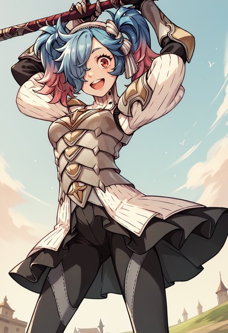 score_9, score_8_up, score_7_up, source_anime, BREAK, 1girl, solo, cowboy shot, open mouth, smile, wide-eyed, <lora:PeriFE-pdxl:1> defPeri, multicolored hair, twintails, hair over one eye, striped headdress, turtleneck, armor, gauntlets, black skirt, black leggings, arms up, holding polearm, lance, outdoors