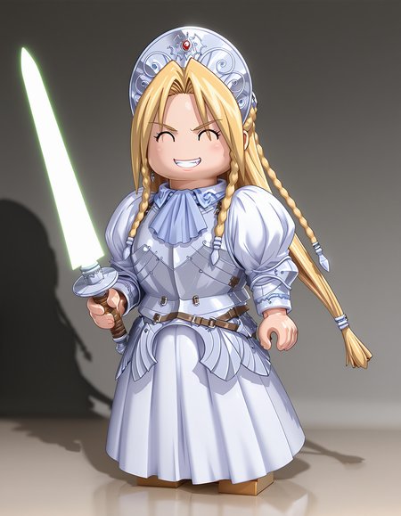 masterpiece, best quality, amazing quality, ultra high res, photorealistic, ultra detailed, legominifig,
 1girl, chibi, solo, iria(ryouki_ii), blonde hair, long hair, twin braid, (^ ^:1.4), detailed face, detailed skin, large breasts, BREAK 
armored dress, 
clenched teeth, looking at viewer, standing, fight, holding energy sword, realistic shadows, detailed shadow, sharp focus, depth of field, 
 <lora:iria(ryouki_II) v1.0-000014:1>  <lora:LegoMinifigV10IllustriousXL:1>