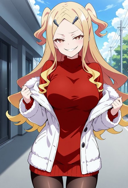 masterpiece, best quality, amazing quality, 1girl, solo, BREAK
ikarno,blonde hair,long hair, two side up, hair ornament, brown eyes,red sweater, white jacket, white fur trim, pantyhose,
BREAK outdoors,cowboy shot,evil smile