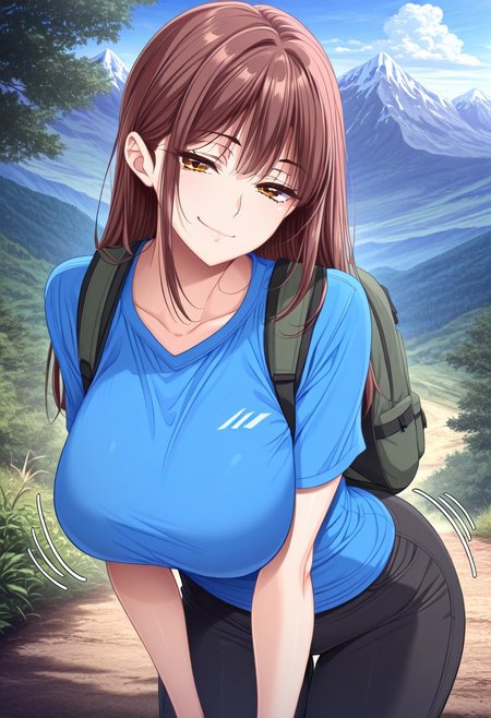masterpiece, best quality, newest, highres, uncensored, 1girl, yokota mamoru style,motion lines,1girl,Natsuno Ai,Brown Hair, Hair Parted to Side, Sidehair, Spiky Bangs, Straight Hair, Waist Length Hair,Amber Eyes,Big Breasts, Slim, Young-adult, Young-adult，masterpiece, best quality,mountain trail, hiking, nature, backpack, adventure, fresh air, , looking at viewer, bent over, smile, smug,, solo,, cowboy shot, dutch angle