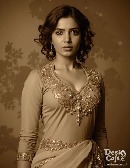 vintage sepia photo of Samantha Ruth Prabhu woman, hyper realistic photo that is safe for work, shouting, studio quality image, well dressed wearing intricate sleevelessPants_kurta, hair styled as curls,muted shaded wallpaper background that contrasts with the person, cinematic lighting,âââââ <lora:Samantha_Ruth_Prabhu_Flux_Kohya_V1-000001:0.8>âââ