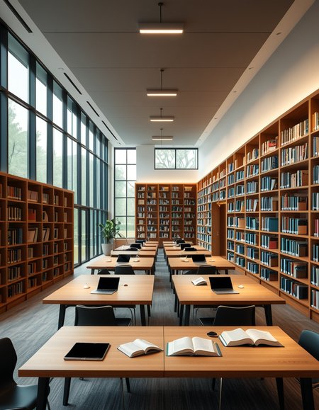 A high-resolution, ultra-realistic photograph of a modern college library interior. The scene showcases a spacious, open-plan design with large floor-to-ceiling windows allowing natural daylight to flood the space. The architectural style is contemporary, featuring minimalist furniture with clean lines: sleek wooden tables, ergonomic chairs in neutral tones (gray and beige), and built-in bookshelves made of light oak wood.
In the foreground, a group of diverse students (varied ethnicities and genders) are quietly studying, some using laptops, others reading books, with focused, calm expressions. One student is sipping coffee from a reusable cup.
The background displays rows of neatly organized books, indoor plants adding a touch of greenery, and modern pendant lights hanging from the ceiling, providing warm, ambient lighting. The floor is covered with soft gray carpet, and large abstract paintings decorate the walls, contributing to a cozy and intellectual atmosphere.
The overall mood is peaceful, studious, and inspiring, with balanced natural and artificial lighting, crisp details, and realistic textures, captured as if by a professional architectural photographer using a full-frame camera.
 <lora:SDXLFaeTastic2400:0.4> <lora:extremely_detailed:0.4> extremely detailed,<lora:modern_c0ll3g3_l1br4ry:1>,modern c0ll3g3 l1br4ry, Masterpiece,best quality,hi res,8k,hi res,8k,award winning,(sharp focus, intricate, highly detailed),