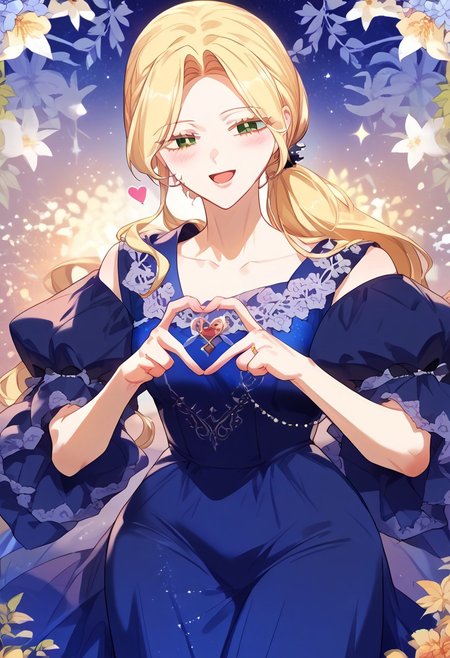 safe_pos, zPDXL3, score_9_up, score_8_up, score_7_up, (Anime_source), 4-finger heart hands, heart hands, closed eyes, open mouth, happy, cowboy shot, looking at viewer, blush, AriaRoscente, green eyes, half closed eyes, seductive smile, blonde hair, long hair, blue dress, low ponytail