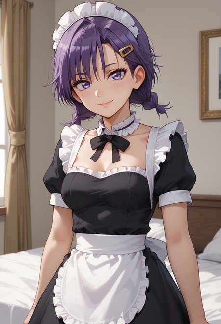 score_9, score_8_up, score_7_up, score_6_up, (1girl ), (solo),
BREAK,
HDA_MasterpieceXL_v.1,
BREAK
1girl: <lora:Asumi_Kominami BWBGD-V1>,asumi kominami,
Shoulder-length hair,bangs, purple eyes, purple hair,loose hair,(without bangs),smile,
medium breasts.
BREAK
half body,maid, maid dress, enmaided, maid headdress, 
neck ribbon, frilled choker, black dress, 
white apron, puffy short sleeves, black thighhighs, light,mini skirt