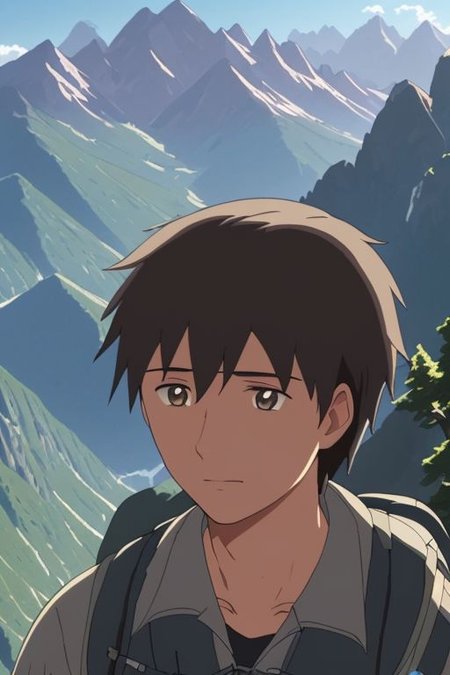 high resolution, solo, best quality, 1Boy, Takaki Toono, Brownish Hair, Brown Eyes, landscape, looking away, high mountain, hiking gear, shallow depth of field, OverallDetail