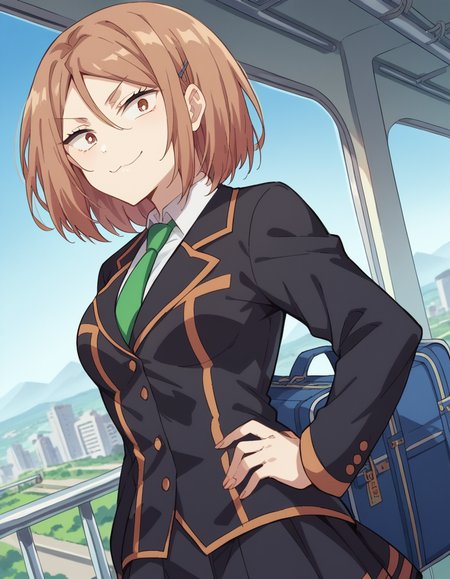 score_9, score_8_up, score_7_up, source_anime, <lora:yayoi-toba-s1-ponyxl-lora-nochekaiser_r1:1>, yayoi toba, short hair, brown hair, hair ornament, brown eyes, hairclip, medium breasts,, skirt, shirt, long sleeves, school uniform, jacket, white shirt, pleated skirt, necktie, black jacket, cardigan, green necktie, train station, waiting for train, suitcase, traveling, commute, city skyline, hands behind back,, , looking at viewer, smug, hand on hips,, solo,, cowboy shot, dutch angle,