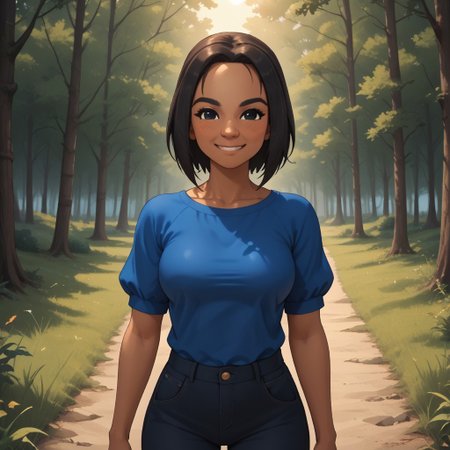 score_9, score_8, BREAK, solo, 1girl, black hair, black eyes, black eyebrows, blush, dark skin, dark skin female, dark blue clothing, black pants, shoes, breasts, Yunyun_(Wii_Sports), cute, tall, thin, skinny, adult female, mature female, sexy pose, self portrait, smile, outdoors, sunlight, shadows, evening lighting, natural lighting, forest, trees, grass, orange sky, sunset