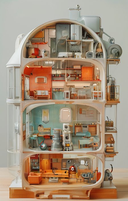 masterpiece,best quality,<lora:tbh242-sdxl:0.9>,illustration,style of Cutaway view portrait of Housework robots