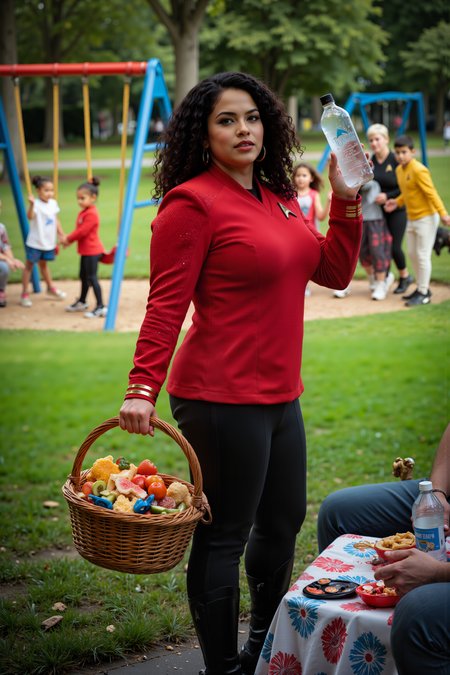 A hyper-realistic portrait, photorealistic photo close-up image of  A high-quality, funny photo of a Latina woman with curly hair, dressed in a bright red Star Trek SNW uniform with black pants, enjoying a day at the park. Sheâs striking a playful pose while holding a picnic basket with one hand and an oversized, futuristic-looking water bottle with the other. Her red uniform, contrasting with the lush green park surroundings, adds a humorous and eye-catching touch.  In the background, children playing on a swing set and people strolling their dogs are captured in mid-action, while the womanâs uniform and comically serious expressionâcomplete with a mock stern gazeâcreate a delightful contrast. The scene includes a nearby picnic blanket with typical park fare, but with an amusing twist: futuristic, Star Trek-inspired snacks like glowing fruit and miniature food replicators. The photo captures a perfect blend of high-quality imagery and whimsical humor, showcasing the womanâs charisma and the amusing juxtaposition of Star Trek gear in a casual park setting. (photography, high-resolution, dynamic, energetic,hyper-realistic, dramatic lighting, shallow depth of field.), detailmaximizer, MythP0rt<lora:midjourney_whisper_flux_lora_v01:0.55><lora:aidmaMJ6.1-FLUX-V0.1:0.4><lora:FluxMythP0rtr4itStyle:0.4><lora:detailed_flux_ntc:2.2><lora:aidmaImageUpgrader-FLUX-V0.1:0.65><lora:SNW_FLUX_V2:1.1>
