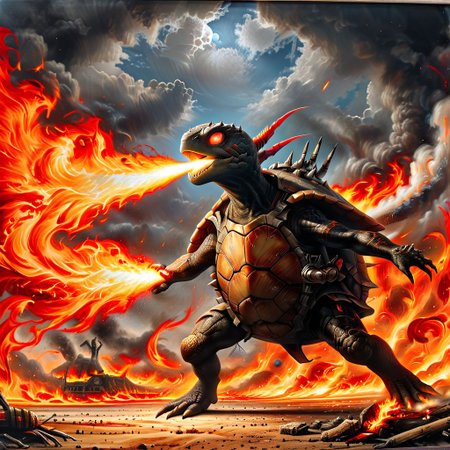 action photo, uhd (3d framed), intricate details, extremely detailed, masterpiece, masterpiece ,crazy  turtle holds the flamethrower forward, 8k,F2.8, <lora:FireBreath:0.8>,<lora:The_Dark_Side_of_the_Earth:0.6>,