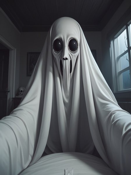 score_9, score_8_up, score_7_up,horror, creepy, nightmare, scary, very detailed, white ghost in the background, no  mouth, indoors, night, arms, old manor, looking at viewer, black eyes, flying, pov from bed<lora:white_ghost:1>