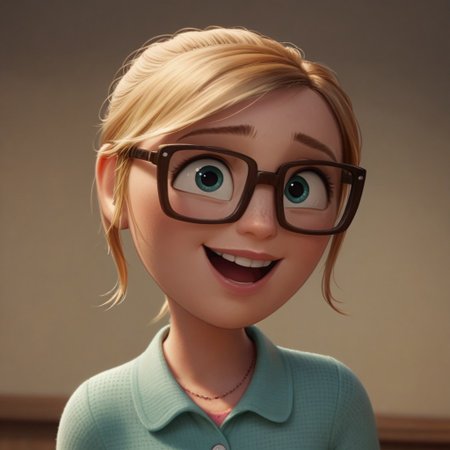 score_9, score_8, score_7, score_6, 1girl, SamSpark, portrait, blond hair, glasses, excited