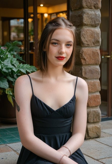 sarah, 1girl, solo, sitting, restaurant, patio, sidewalk, close up of face and chest, wine glass, red lipstick, upper body, small breasts, bracelet, arm tattoo, freckles, seductive, skinny, braless, breasts apart, low cut dress