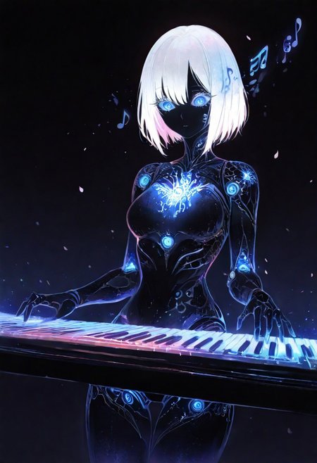 masterpiece, best quality, good quality, very awa, newest, highres, absurdres, 1girl, solo,  
cherry blossoms, 
 limited palette, sketch, glowing, psychedelic,
BREAK
masterpiece, best quality, good quality, newest, highres, absurdres, volumetric lighting,gradient color, uncensored, 
BREAK 
raytracing, volumetric lighting, ambient occlusion, girl, background, masterpiece, best quality, very awa, absurdres, 
BREAK 
ambient occlusion, raytracing, soft lighting, blum effect, masterpiece, absolutely eye-catching, particles, glow, shining, intricate cinematic background, (beautiful face), 
BREAK 
masterpiece,amazing quality,best quality,ultra-detailed,8K,illustration,CG, ultra-detailed-eyes, detailed background,cute girl, eyelashes, erotic, petals falling, 
BREAK
(sexy, slutty, hot, aroused) 
Automaton, colored skin, robot girl, robot joints, white hair, blue eyes, short hair, metal_skin, barcode,
BREAK
keyboard, playing instrument,  keyboard \(instrument\),
BREAK 
drop shadow, casual, cold lighting, (musical notes, flying musical notes),