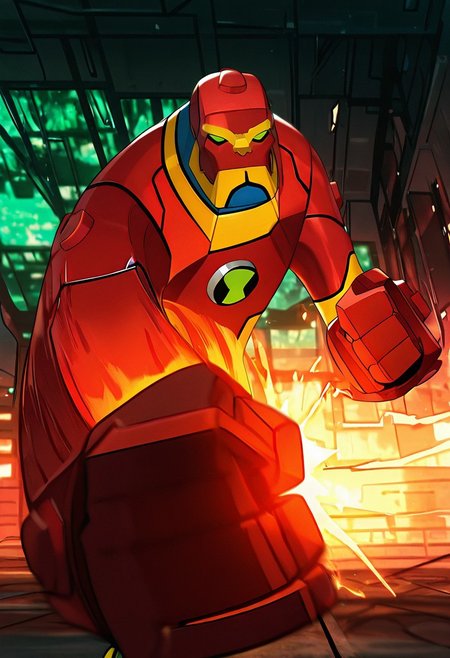 masterpiece, best quality, amazing quality, very aesthetic, absurdres, newest,, detailed background, 
 movie scene, cinematic scene, cinematic, 
bloxx, robot, mecha, solo, armor, green eyes,, massive arms, upper body, , red shoulders, big head, massive head
strechy_powers, incoming punch,