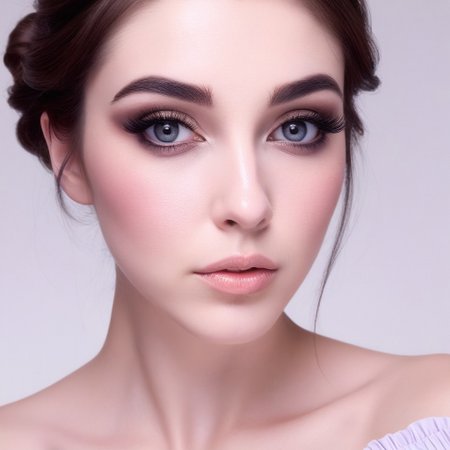 A beautiful young woman with fair, porcelain-like skin and brown hair styled in a soft, elegant low bun with a few loose strands framing her face. She has striking, large grey eyes with long eyelashes, subtle eyeshadow, defined brows, and softly blushed cheeks. Her lips are full with a natural pink gloss. She is wearing a light pastel off-shoulder top, revealing her shoulders and upper chest down to the cleavage. The image is composed from head to cleavage, with flattering, soft lighting. Set against a clean white background. Hyper-realistic, high detail, studio portrait, front-facing, centered composition.