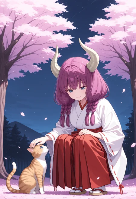 masterpiece, best quality, 1girl, solo, 4ura, purple hair, horns, long hair, twin braids, miko, japanese clothes, red hakama, white kimono, ribbon trim, petals, outdoors, wind, cat, petting, looking down, blue eyes, wide sleeves, cherry blossoms, tree, night, night sky, scenery, squatting, parted lips, smile